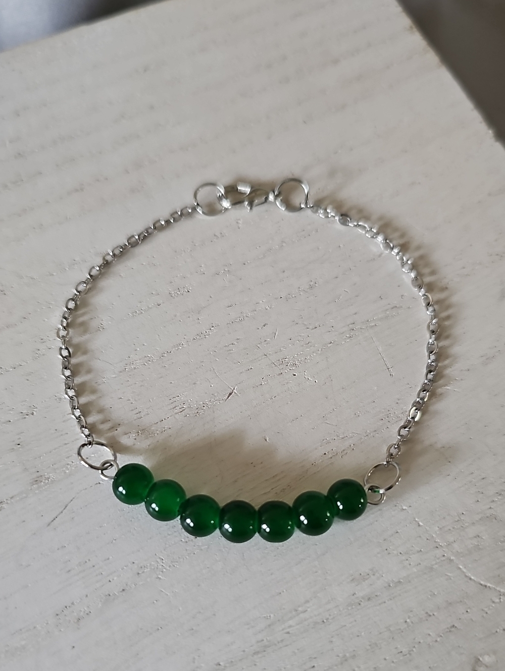 Silver Chain Bracelet with Green Bead Accents